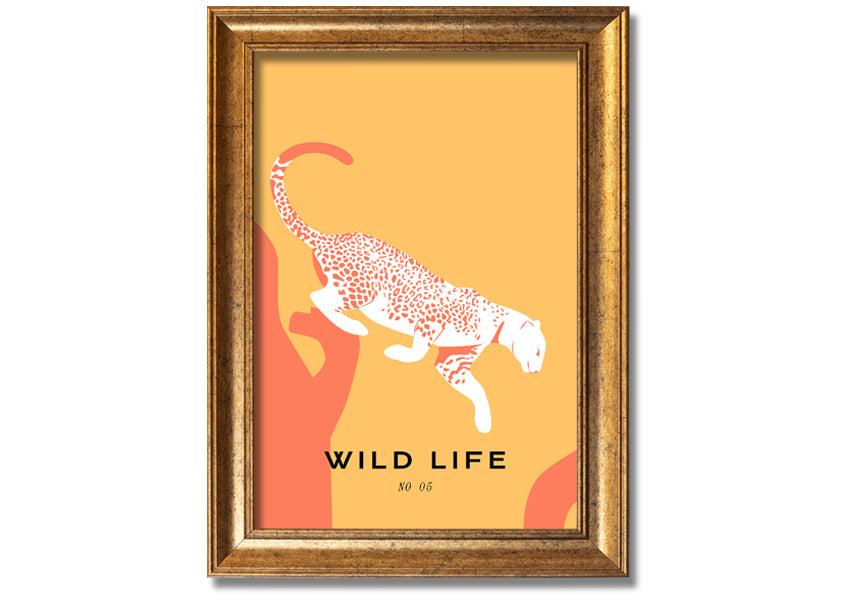 A beautifully framed Leopard Leap print showcasing a leopard in mid-leap, available in various frame colors.