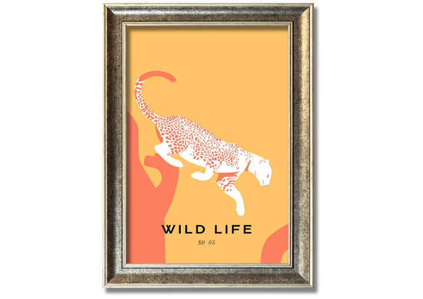 A beautifully framed Leopard Leap print showcasing a leopard in mid-leap, available in various frame colors.