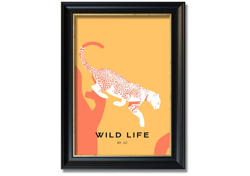 A beautifully framed Leopard Leap print showcasing a leopard in mid-leap, available in various frame colors.