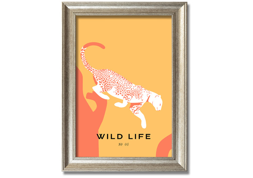 A beautifully framed Leopard Leap print showcasing a leopard in mid-leap, available in various frame colors.