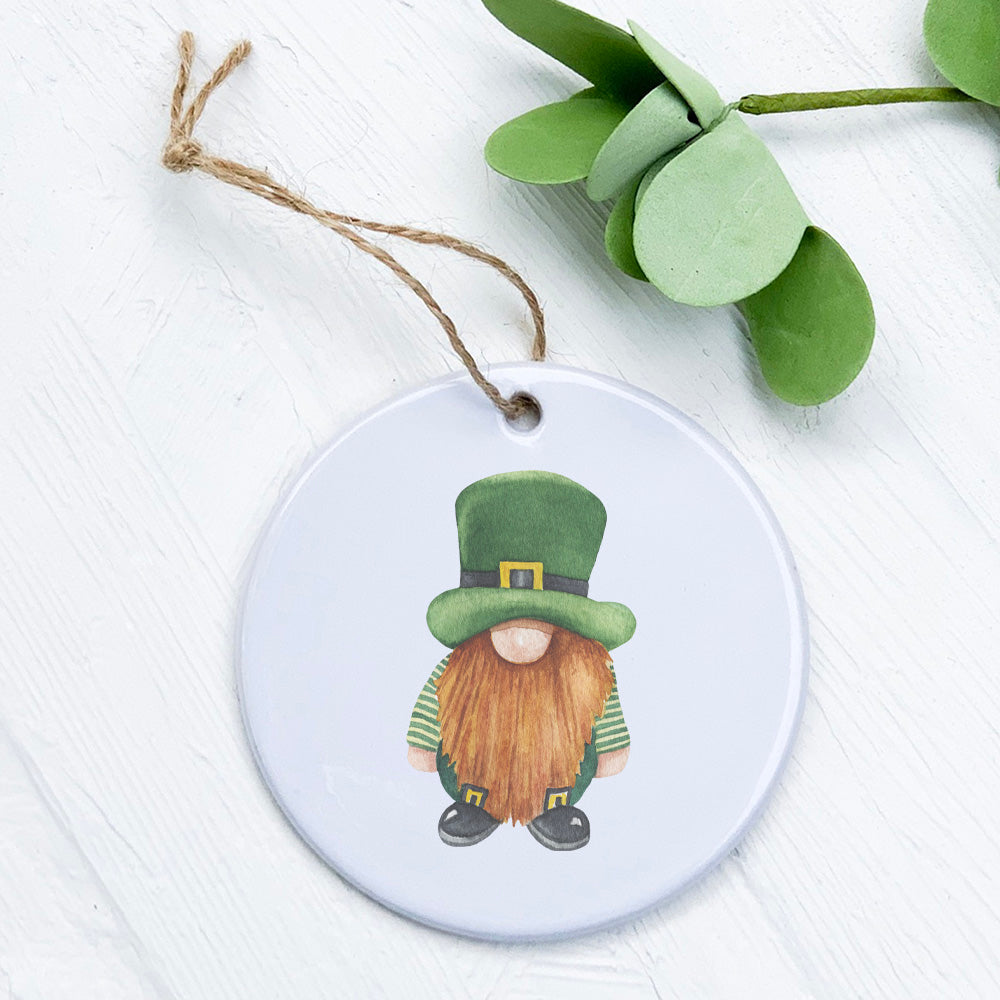 A beautifully crafted porcelain Leprechaun ornament with vibrant colors and a glossy finish, perfect for holiday decor.