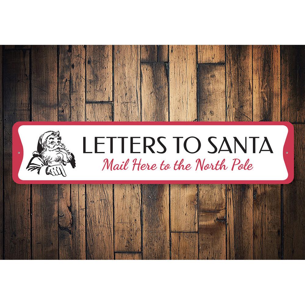 A charming Letters to Santa Holiday Sign made of high-quality aluminum, featuring festive colors and a customizable design, perfect for Christmas decorations.