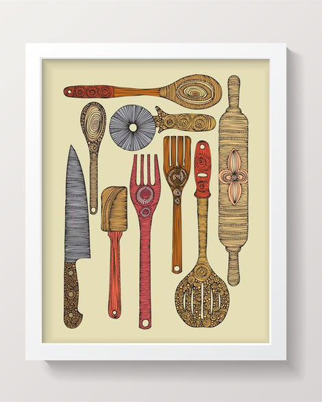 Art print featuring kitchen utensils in vibrant colors, original pen and ink design, 8x10 inches, ready to frame.