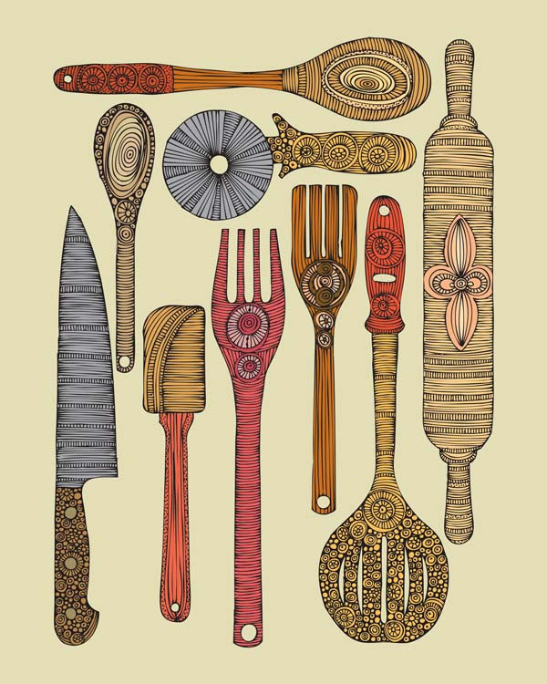 Art print featuring kitchen utensils in vibrant colors, original pen and ink design, 8x10 inches, ready to frame.