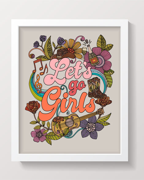 Archival art print titled 'Let's go Girls', featuring vibrant colors and intricate pen and ink details, ready for framing.