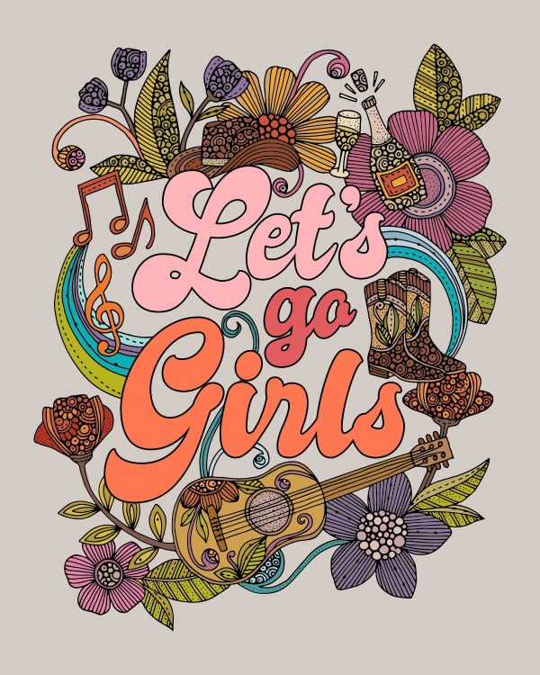 Archival art print titled 'Let's go Girls', featuring vibrant colors and intricate pen and ink details, ready for framing.