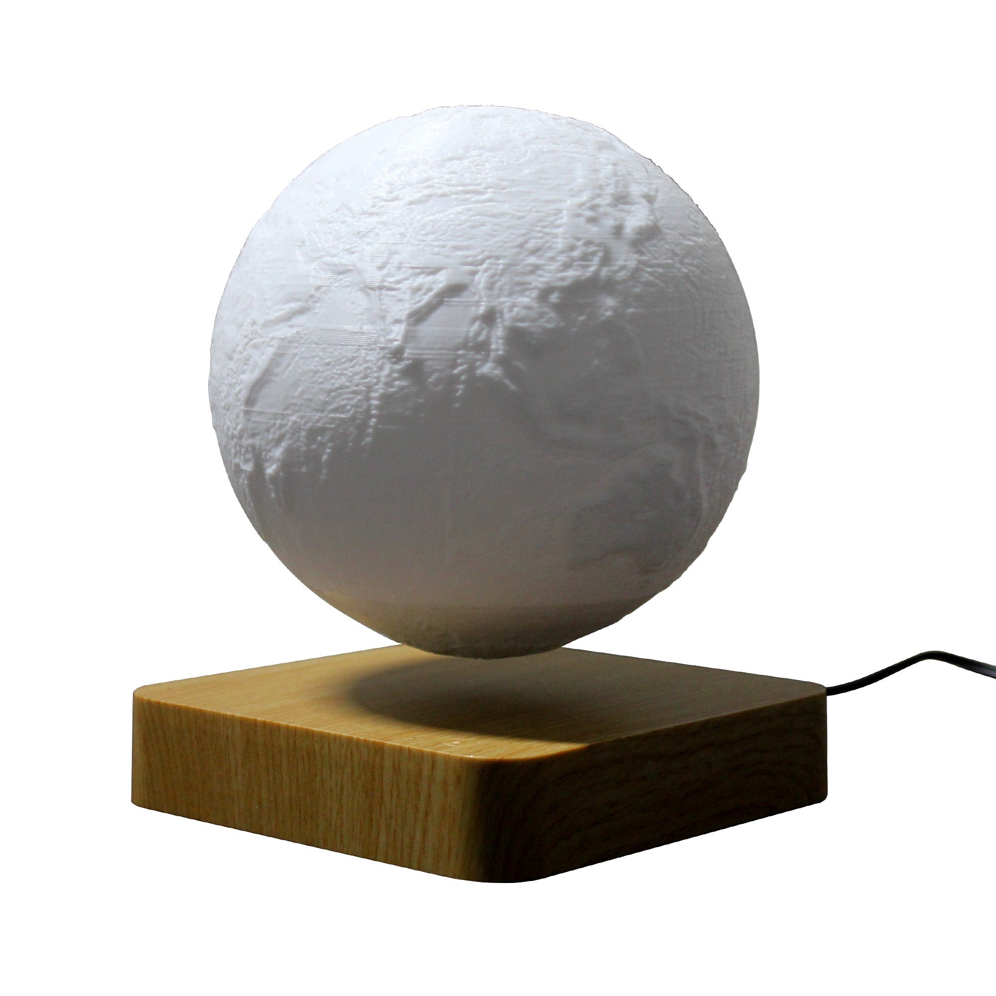 Levitation Moon Lamp showcasing its 3D printed design and magnetic levitation feature, floating in mid-air with a soft glow.