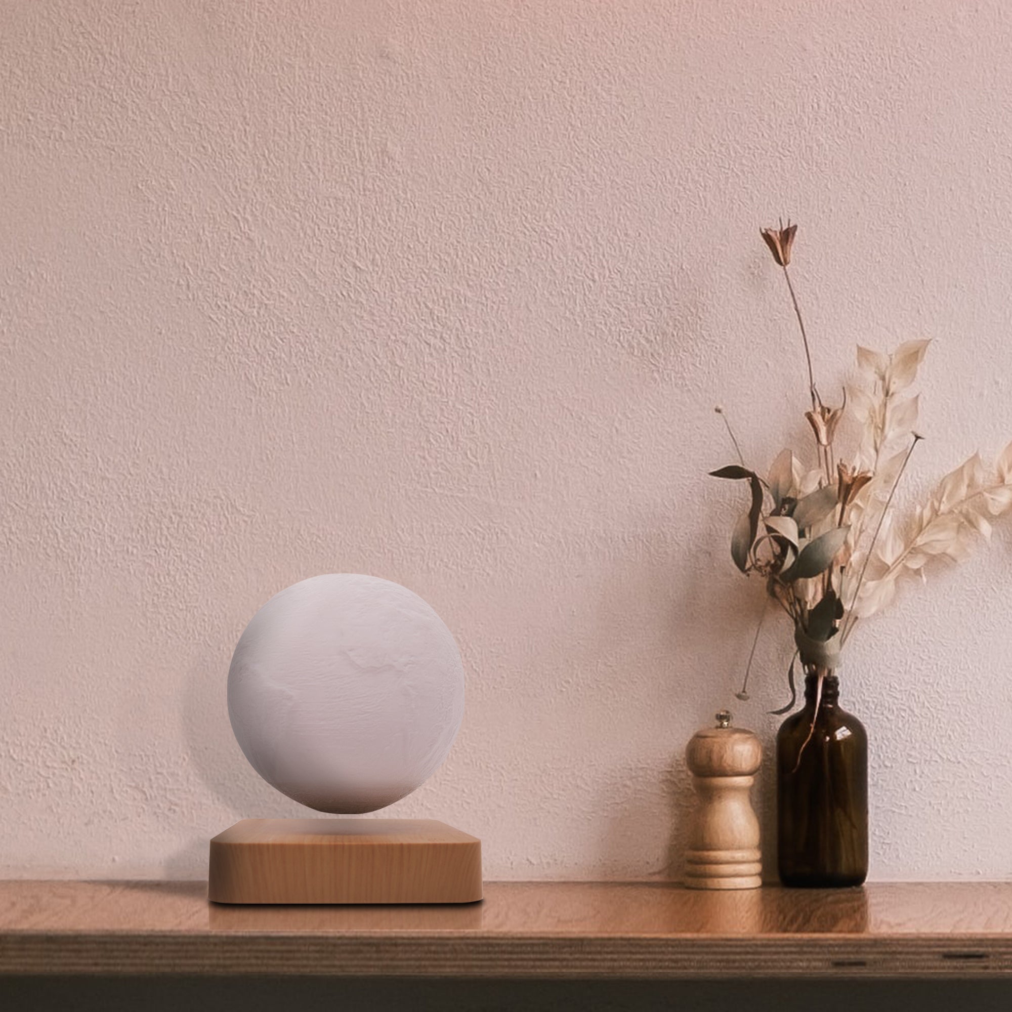 Levitation Moon Lamp showcasing its 3D printed design and magnetic levitation feature, floating in mid-air with a soft glow.