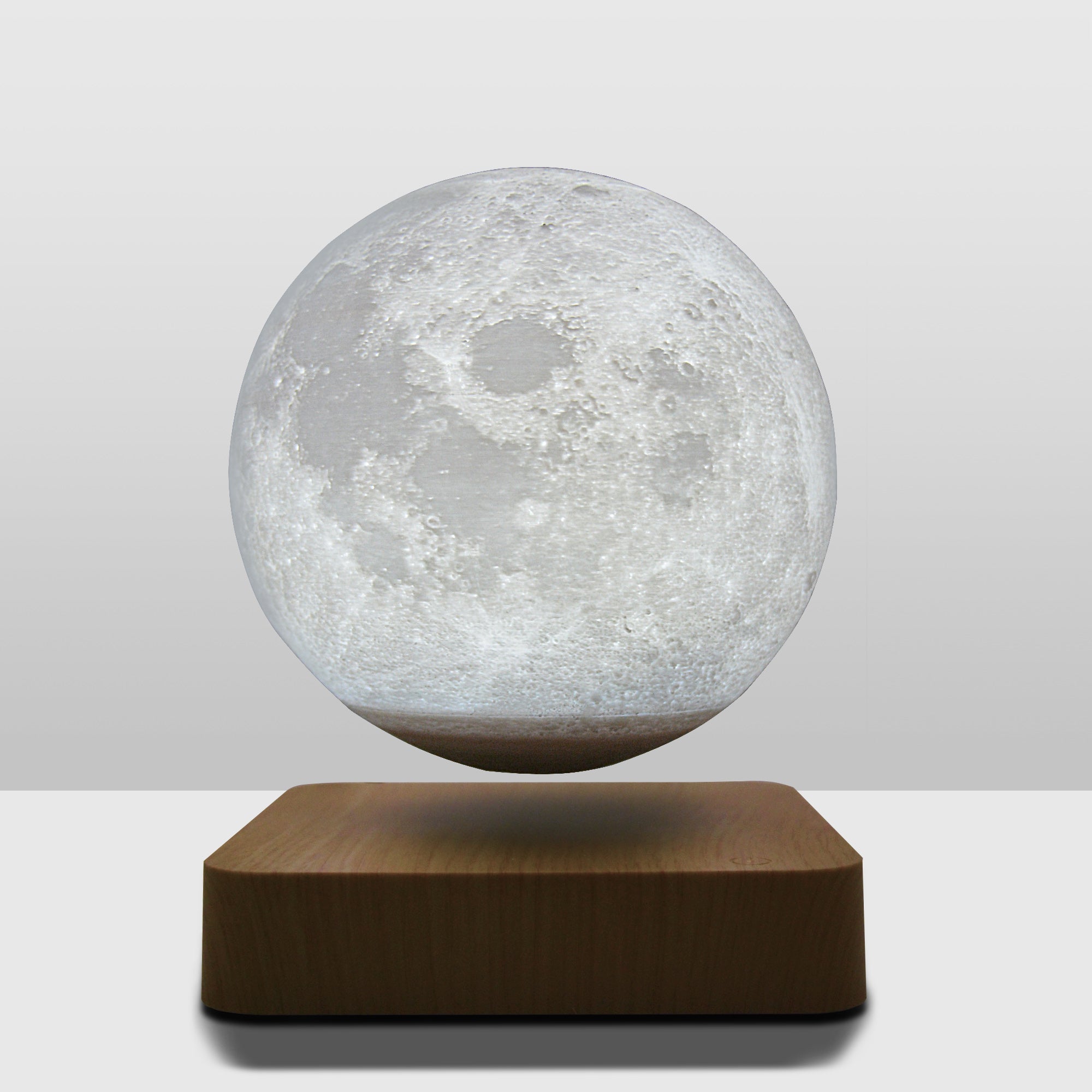 Levitation Moon Lamp showcasing its 3D printed design and magnetic levitation feature, floating in mid-air with a soft glow.