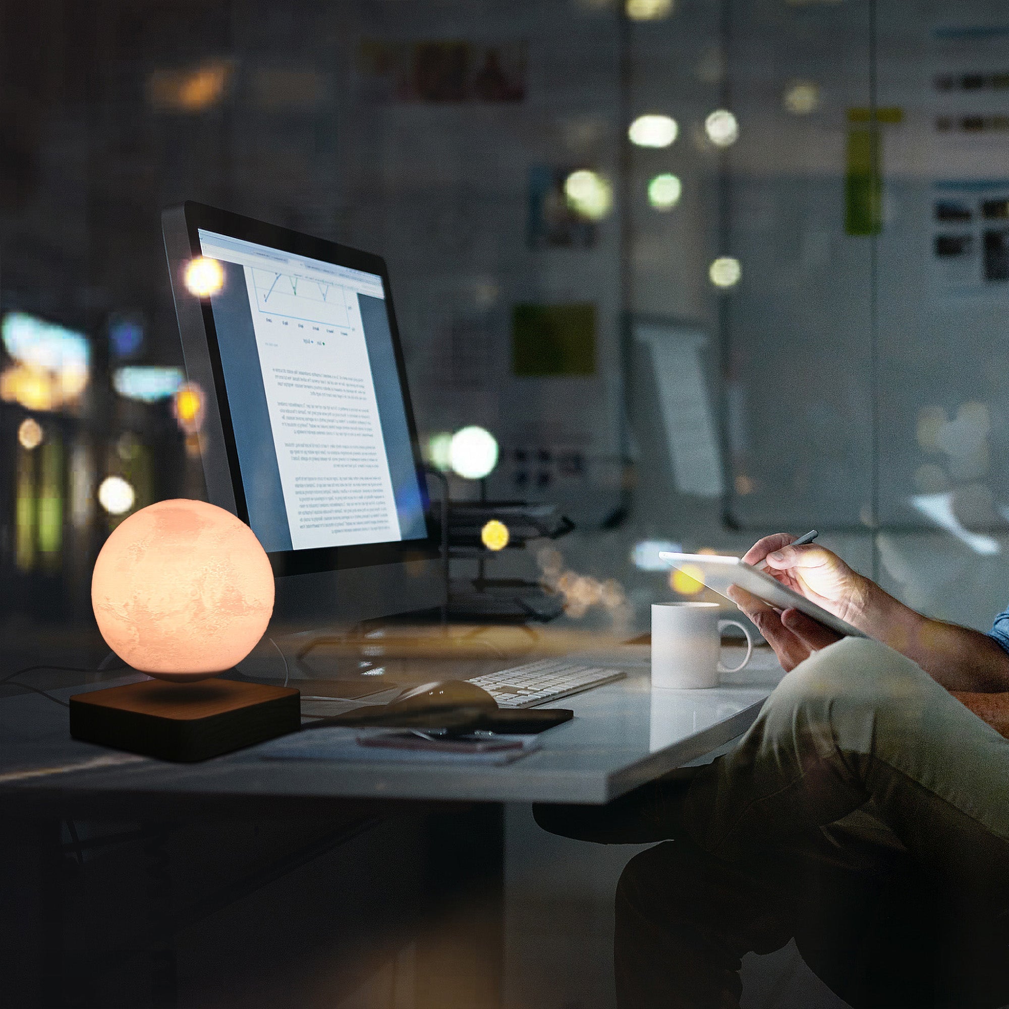 Levitation Moon Lamp showcasing its 3D printed design and magnetic levitation feature, floating in mid-air with a soft glow.