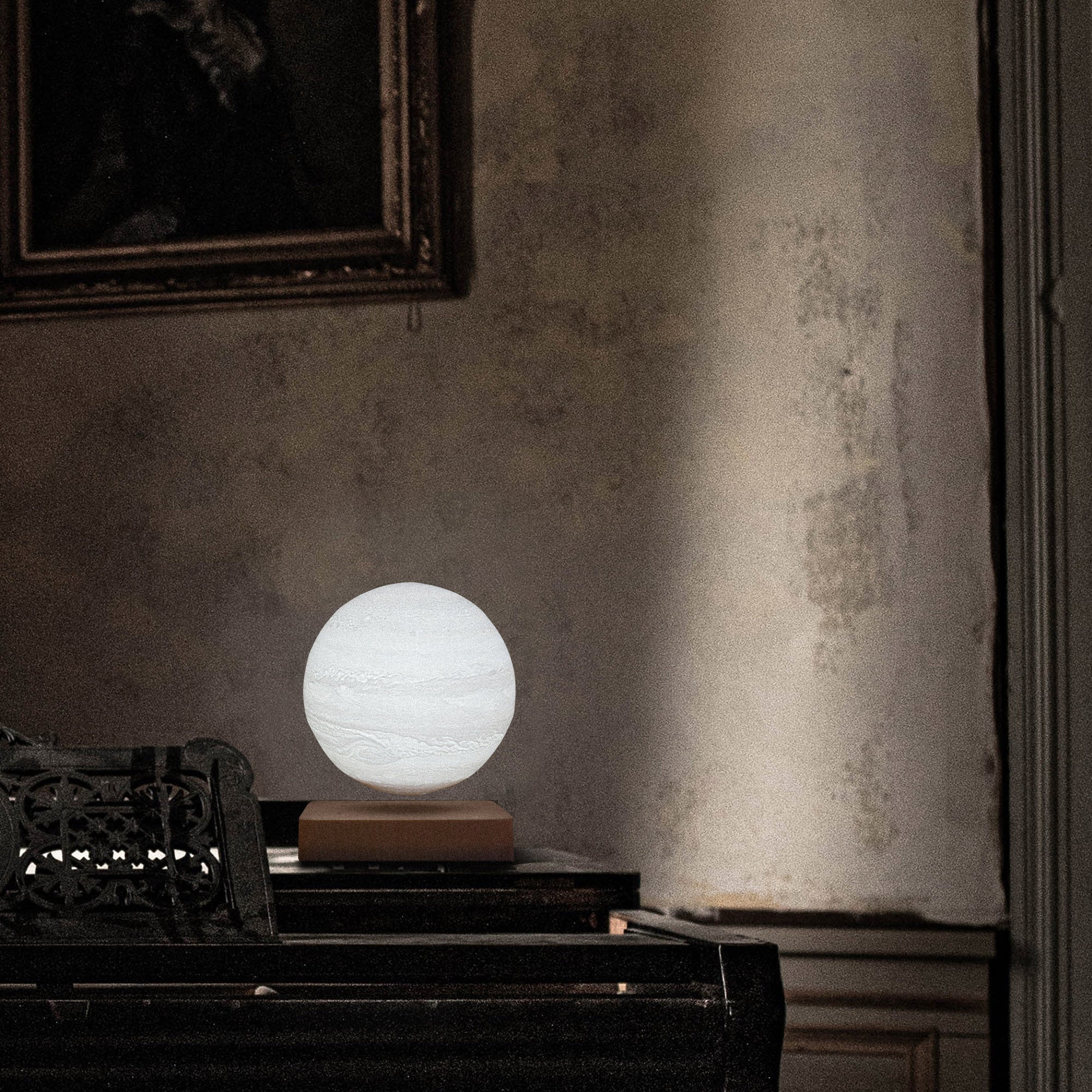 Levitation Moon Lamp showcasing its 3D printed design and magnetic levitation feature, floating in mid-air with a soft glow.