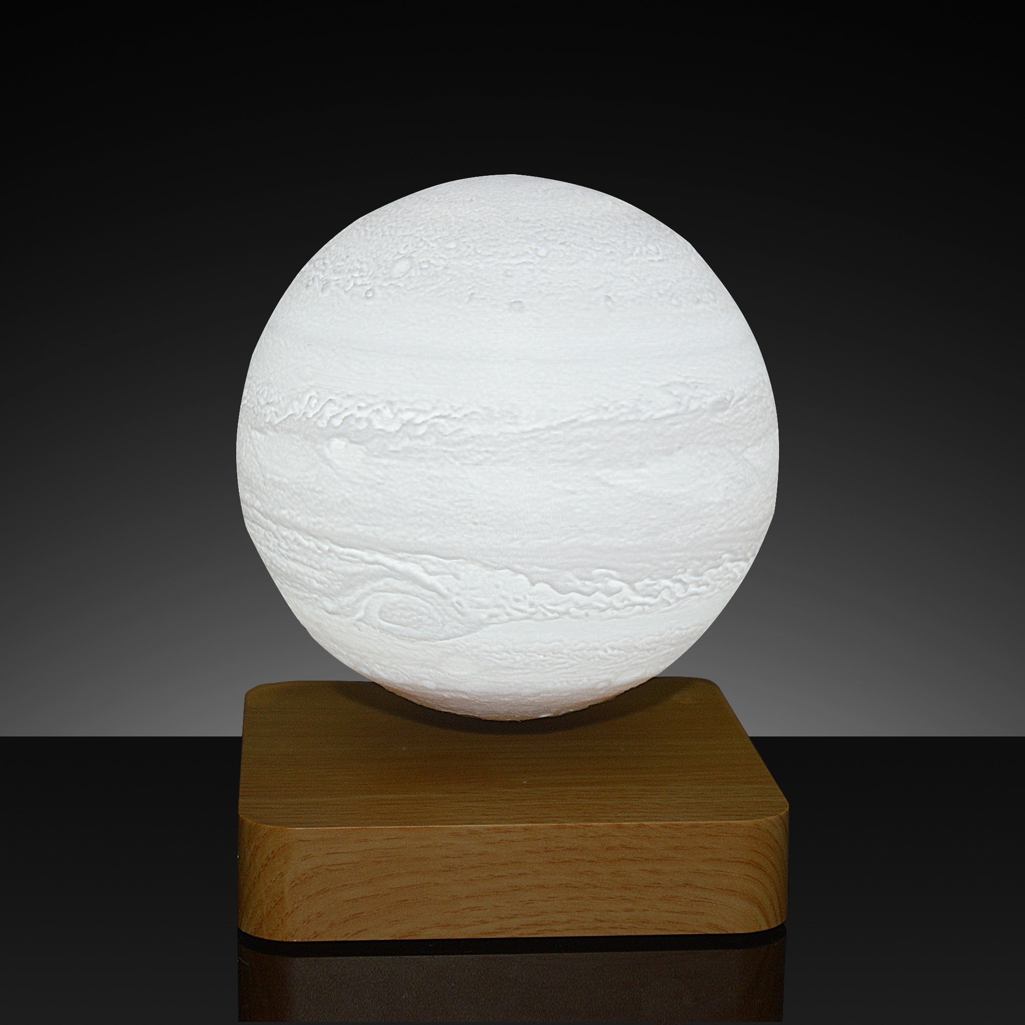 Levitation Moon Lamp showcasing its 3D printed design and magnetic levitation feature, floating in mid-air with a soft glow.