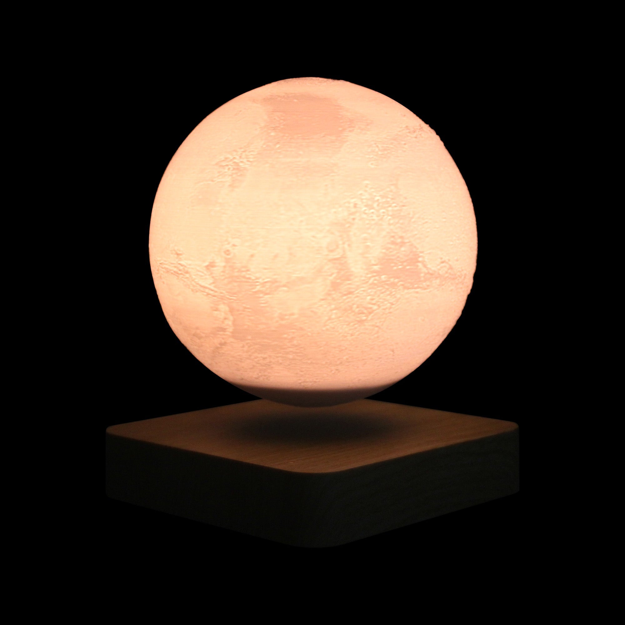 Levitation Moon Lamp showcasing its 3D printed design and magnetic levitation feature, floating in mid-air with a soft glow.