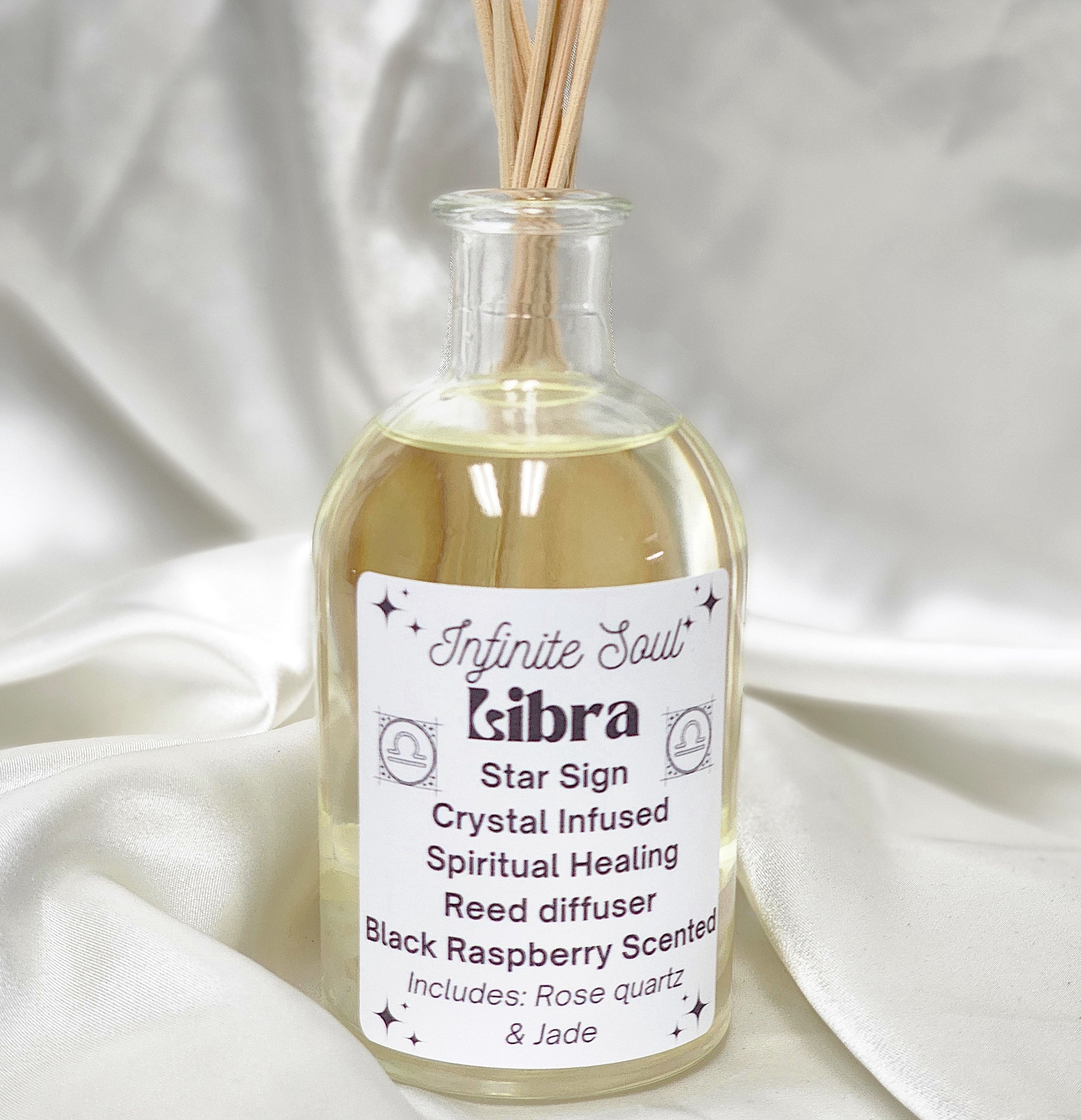 Libra Star Sign Crystal Infused Reed Diffuser with Black Raspberry scent, featuring natural reeds and crystal infusion for healing.