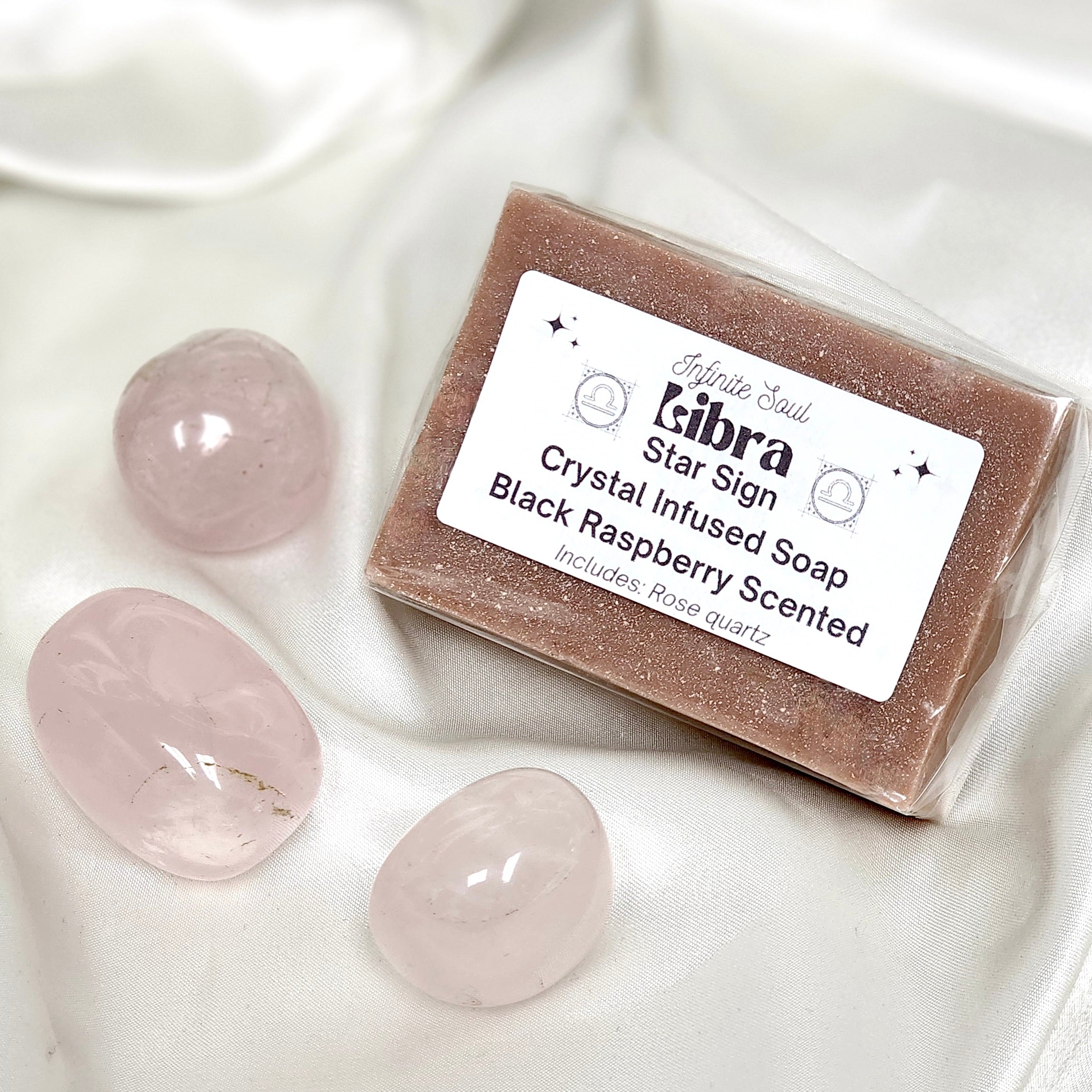 Libra Star Sign Crystal Infused Soap with black raspberry scent, featuring a Flower Agate crystal, handmade with natural ingredients.