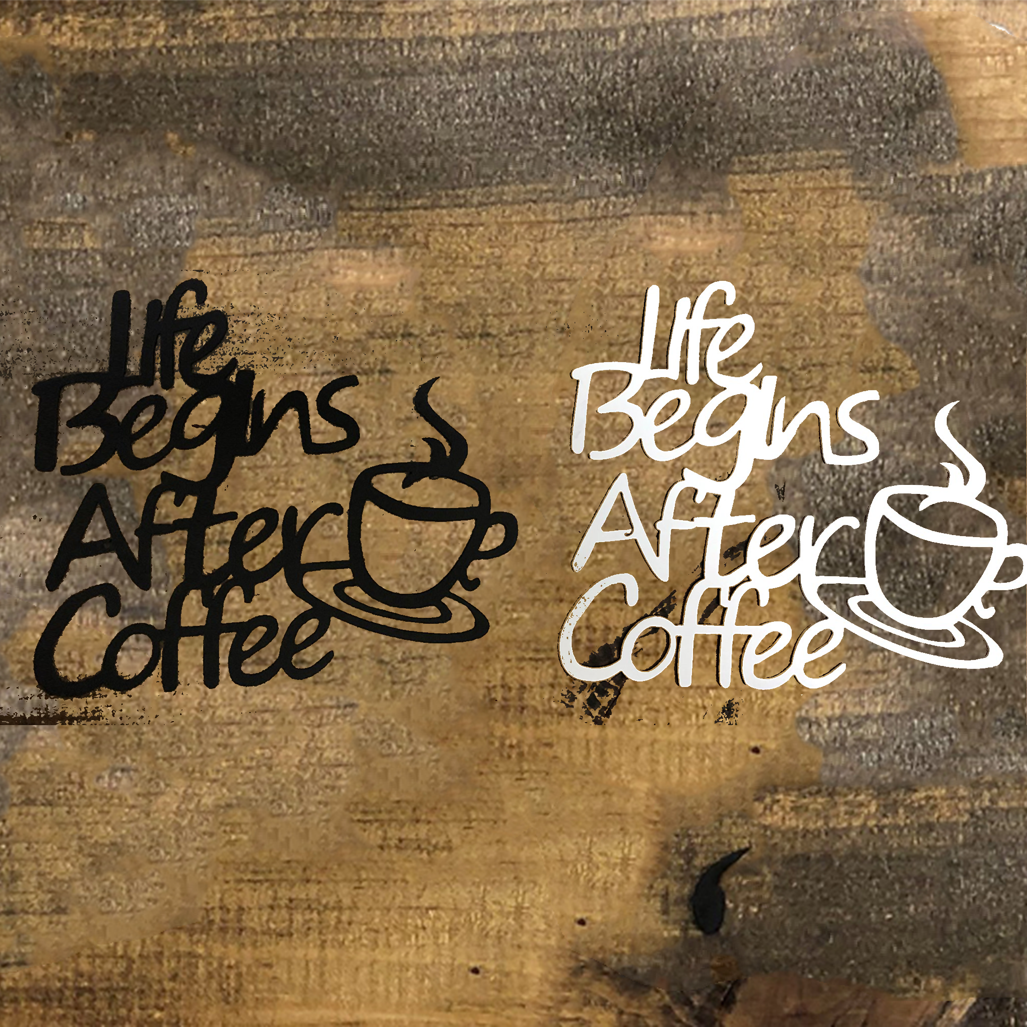 Life Begins After Coffee metal wall art in black, featuring the phrase 'Life Begins After Coffee' in a stylish font, perfect for coffee enthusiasts.