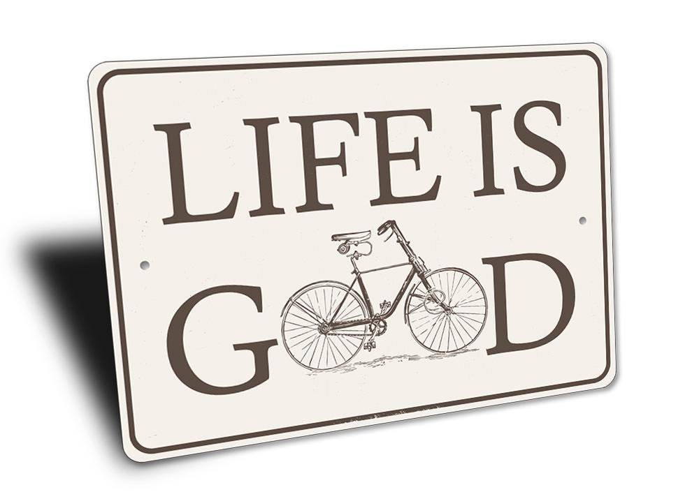 Life is Good Bike Sign made of durable aluminum, featuring a vibrant design perfect for home decor.