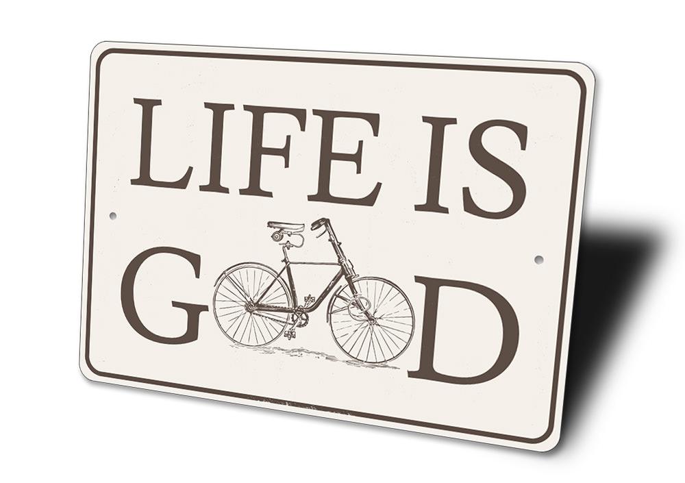 Life is Good Bike Sign made of durable aluminum, featuring a vibrant design perfect for home decor.