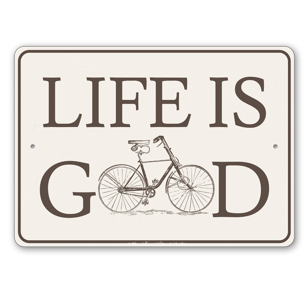 Life is Good Bike Sign made of durable aluminum, featuring a vibrant design perfect for home decor.