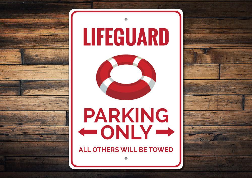 A vibrant Lifeguard Parking Sign made of durable aluminum, featuring customizable text options and pre-drilled holes for easy mounting.