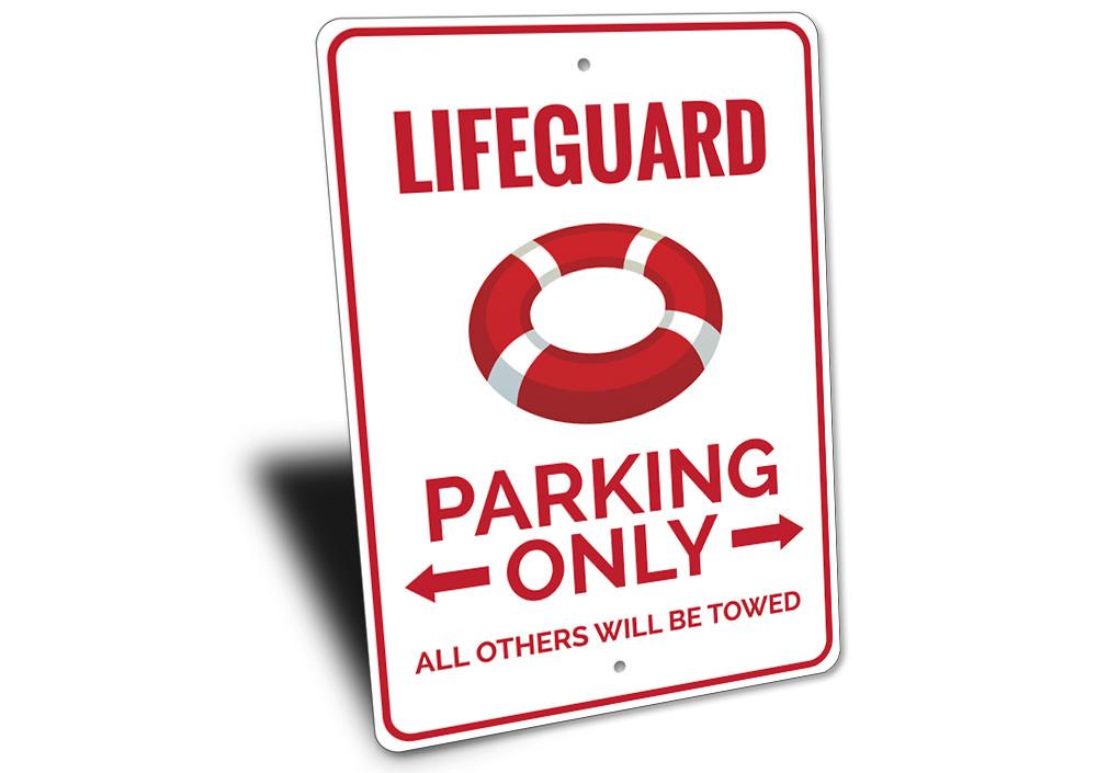 A vibrant Lifeguard Parking Sign made of durable aluminum, featuring customizable text options and pre-drilled holes for easy mounting.