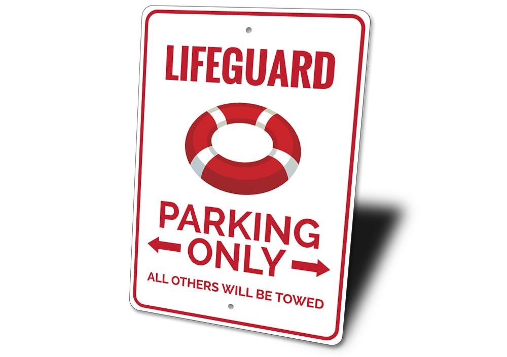 A vibrant Lifeguard Parking Sign made of durable aluminum, featuring customizable text options and pre-drilled holes for easy mounting.