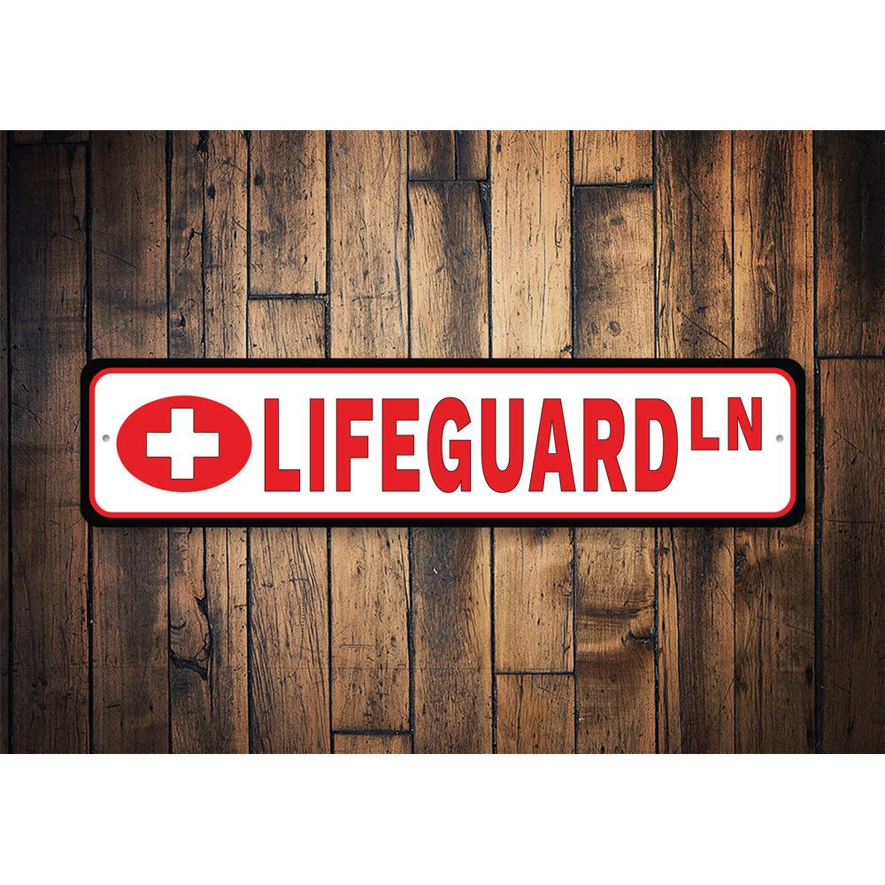 Lifeguard Street Sign made of high-quality aluminum, featuring vibrant colors and customizable text, ideal for home decor.