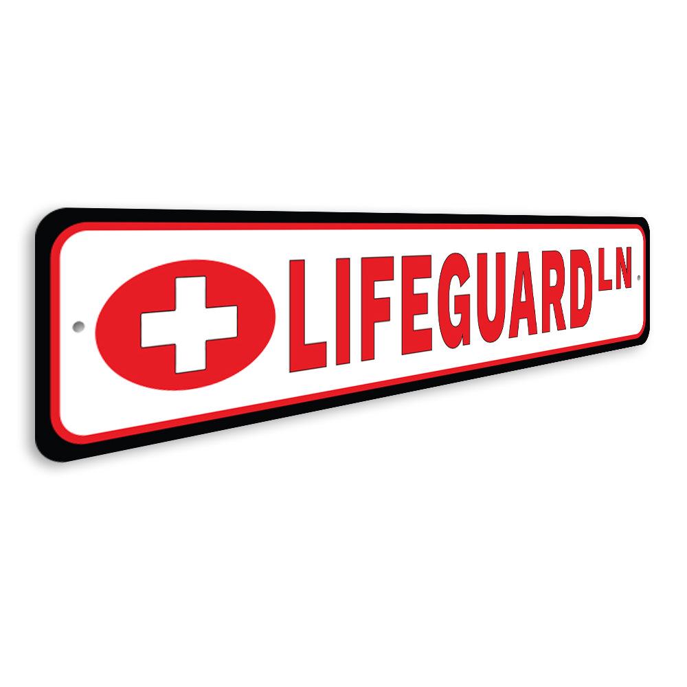 Lifeguard Street Sign made of high-quality aluminum, featuring vibrant colors and customizable text, ideal for home decor.