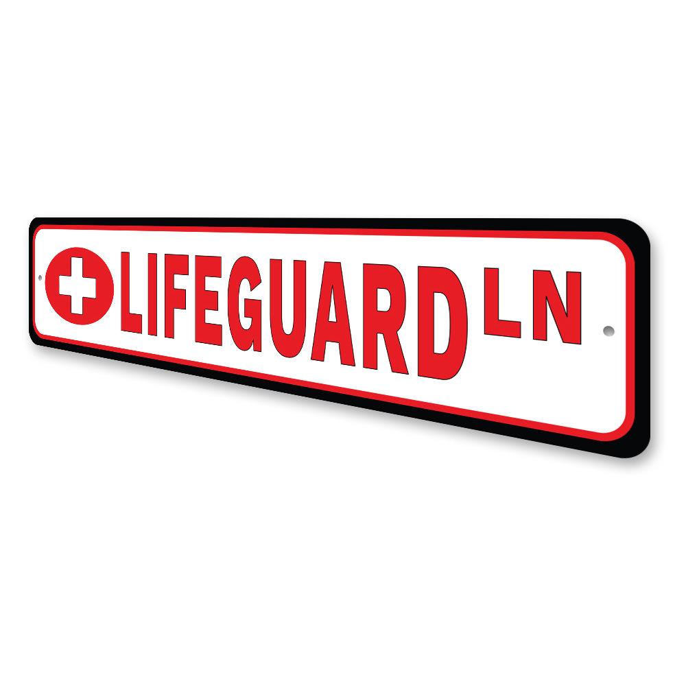 Lifeguard Street Sign made of high-quality aluminum, featuring vibrant colors and customizable text, ideal for home decor.