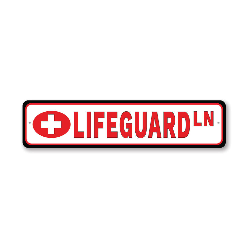 Lifeguard Street Sign made of high-quality aluminum, featuring vibrant colors and customizable text, ideal for home decor.