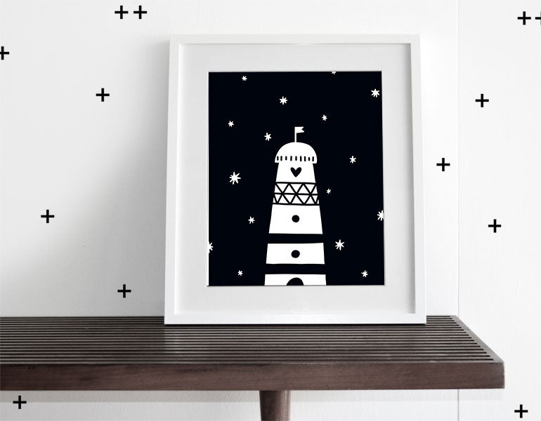 Light House Wall Art featuring a modern design, printed on heavyweight high-gloss paper with a white matte, perfect for nursery decor.