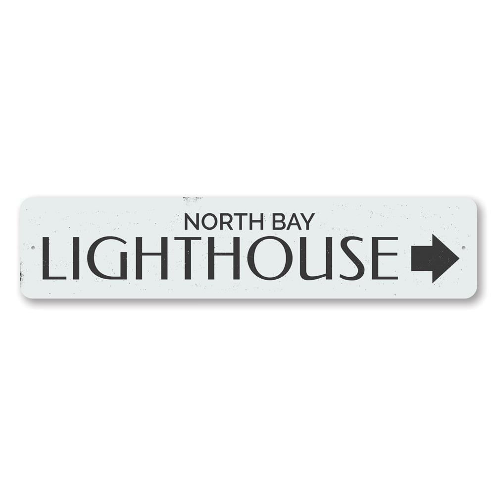 Lighthouse Arrow Sign made of high-quality aluminum, featuring customizable text and a coastal design, perfect for beach-themed decor.