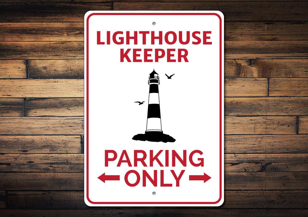 A vibrant Lighthouse Parking Sign made of high-quality aluminum, featuring customizable text and pre-drilled holes for easy mounting.