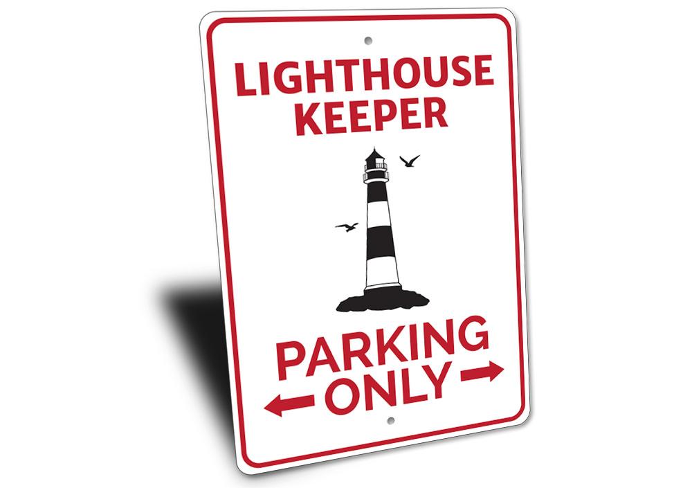 A vibrant Lighthouse Parking Sign made of high-quality aluminum, featuring customizable text and pre-drilled holes for easy mounting.