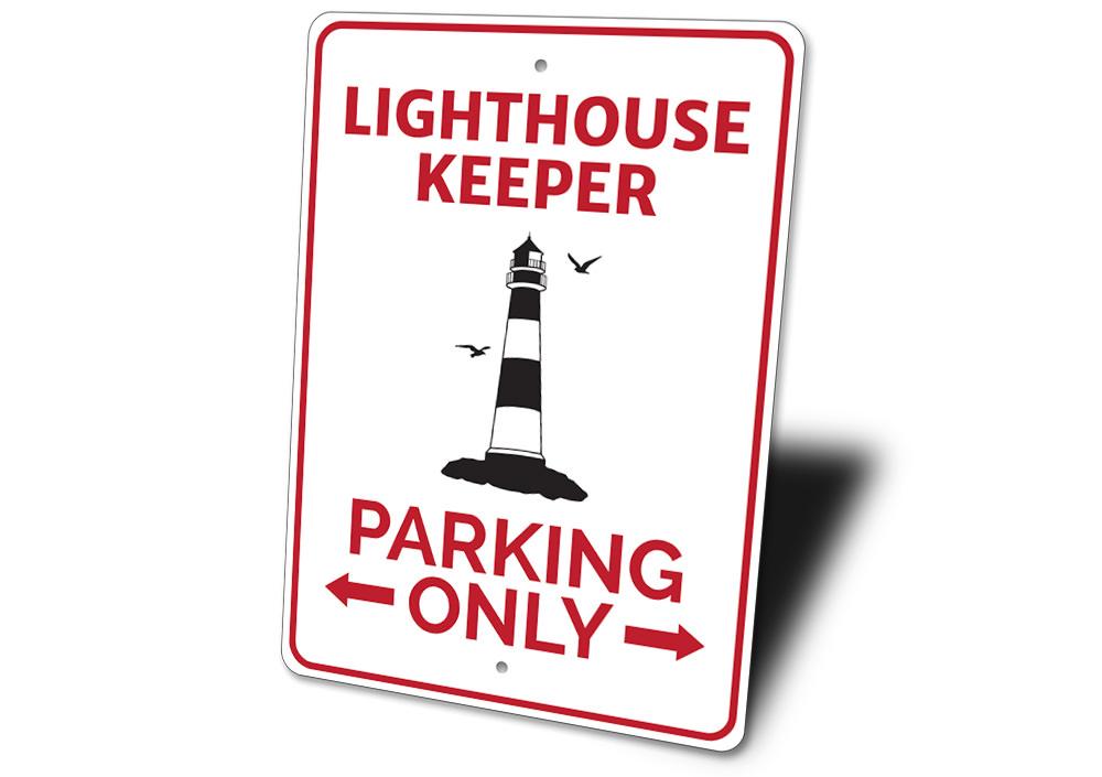 A vibrant Lighthouse Parking Sign made of high-quality aluminum, featuring customizable text and pre-drilled holes for easy mounting.