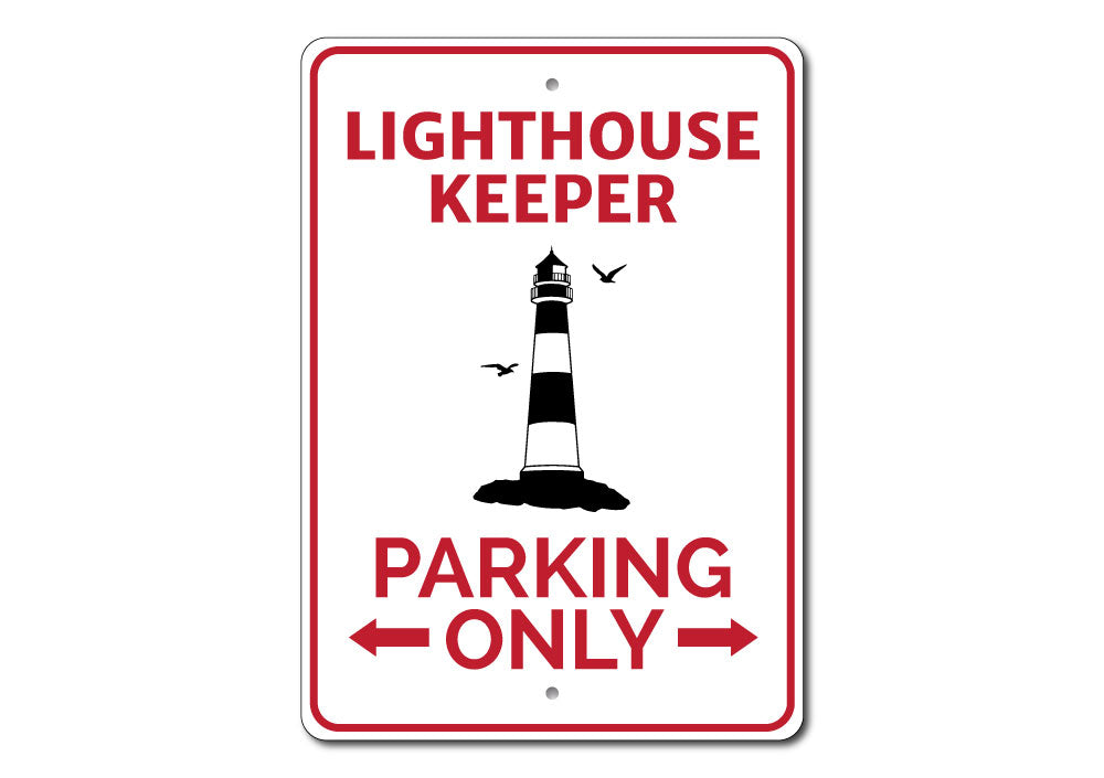 A vibrant Lighthouse Parking Sign made of high-quality aluminum, featuring customizable text and pre-drilled holes for easy mounting.