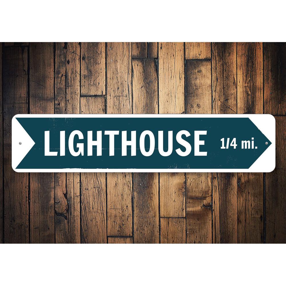 A beautifully crafted Lighthouse Sign made of high-quality aluminum, featuring customizable text and pre-drilled holes for easy mounting.