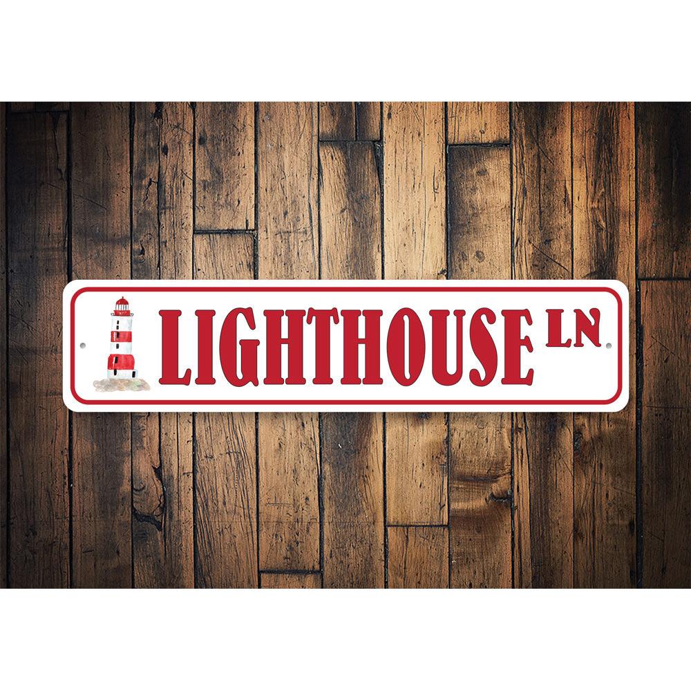 Lighthouse Street Sign made of high-quality aluminum, featuring customizable text and pre-drilled holes for easy mounting.