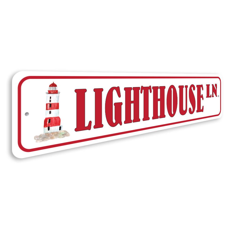 Lighthouse Street Sign made of high-quality aluminum, featuring customizable text and pre-drilled holes for easy mounting.