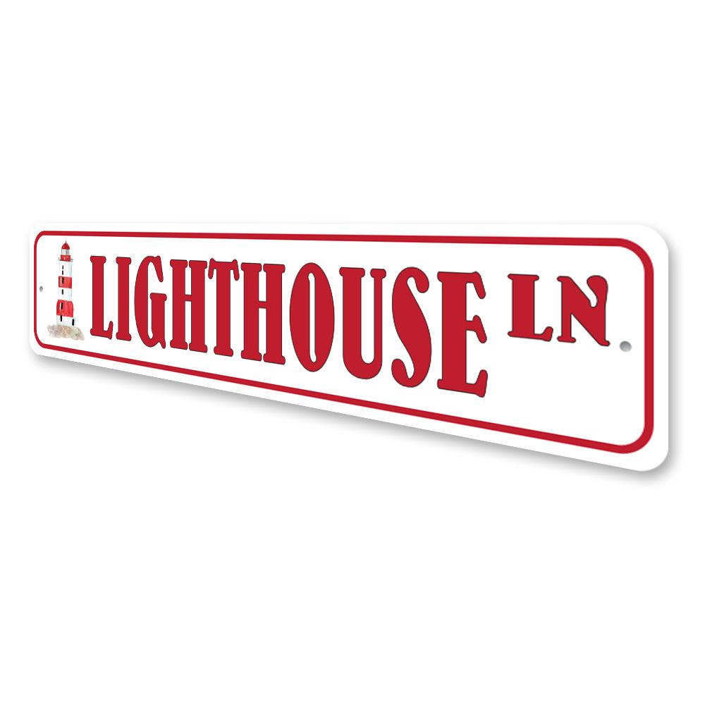 Lighthouse Street Sign made of high-quality aluminum, featuring customizable text and pre-drilled holes for easy mounting.