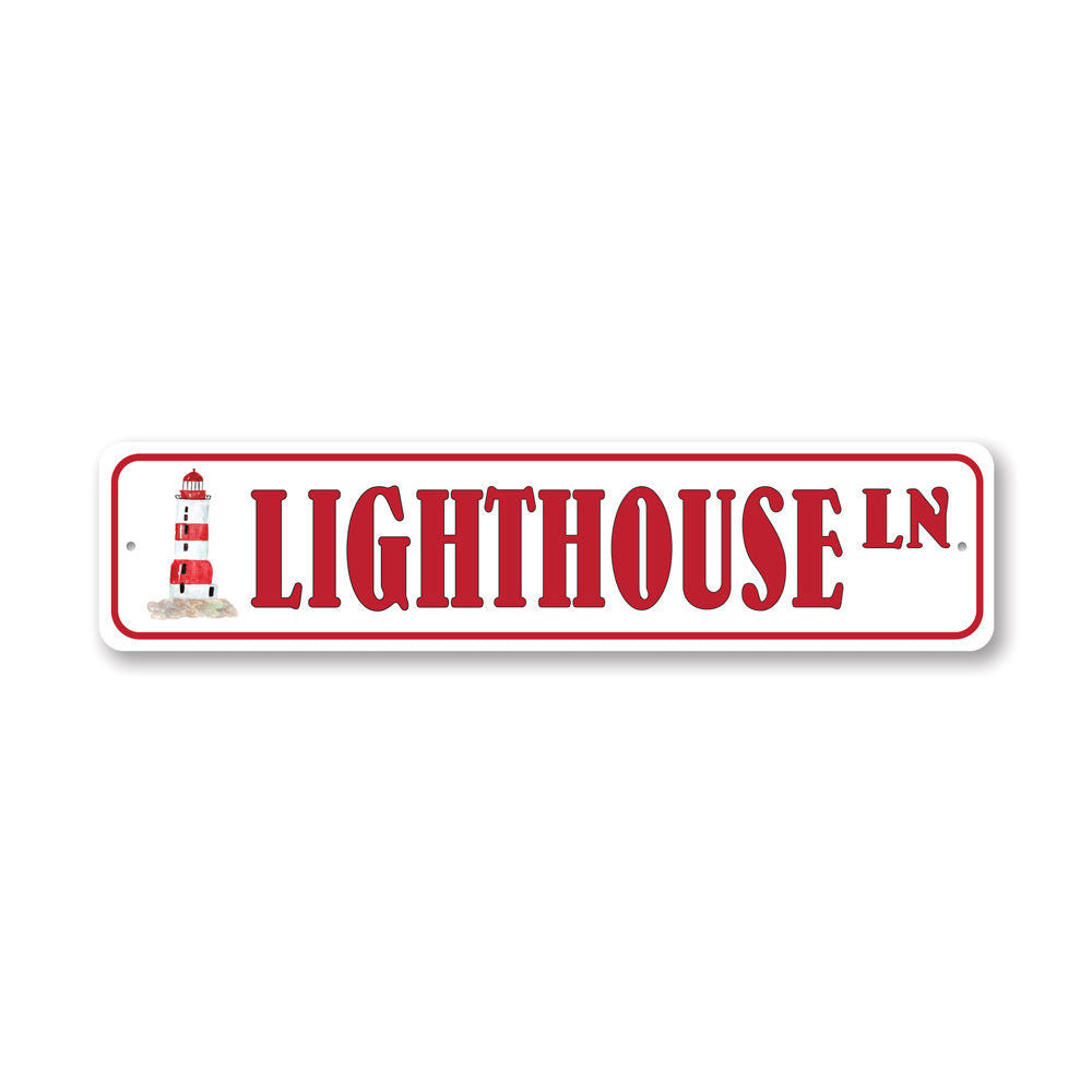 Lighthouse Street Sign made of high-quality aluminum, featuring customizable text and pre-drilled holes for easy mounting.