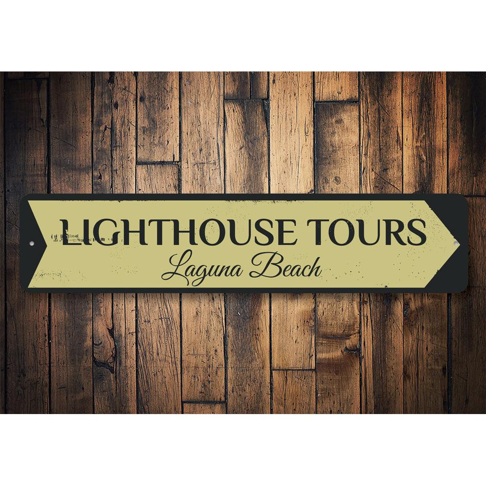 A beautifully crafted Lighthouse Tours Sign made of aluminum, featuring coastal-themed designs, perfect for beach houses and decor.