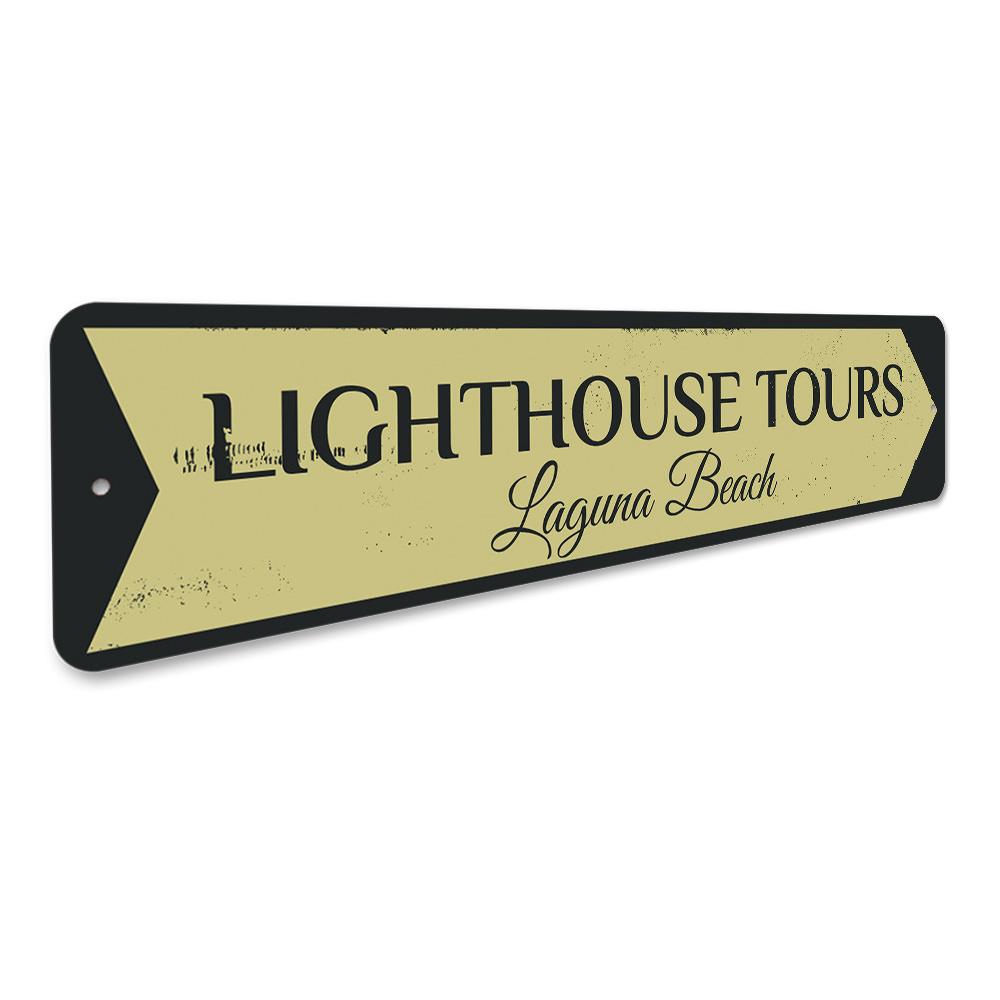 A beautifully crafted Lighthouse Tours Sign made of aluminum, featuring coastal-themed designs, perfect for beach houses and decor.