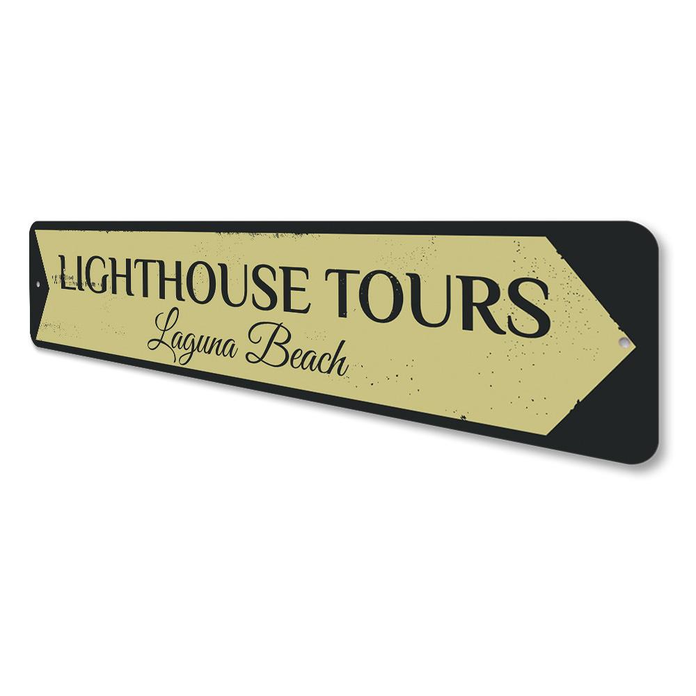 A beautifully crafted Lighthouse Tours Sign made of aluminum, featuring coastal-themed designs, perfect for beach houses and decor.