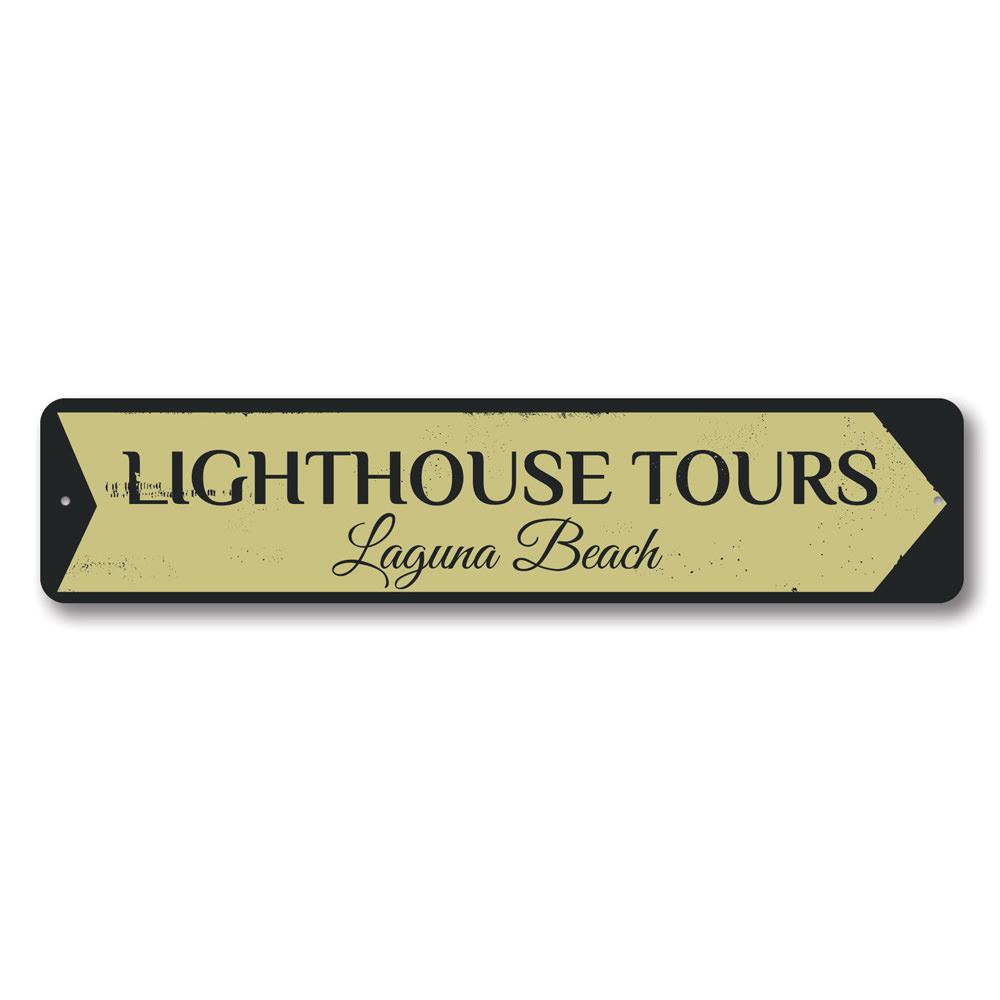 A beautifully crafted Lighthouse Tours Sign made of aluminum, featuring coastal-themed designs, perfect for beach houses and decor.