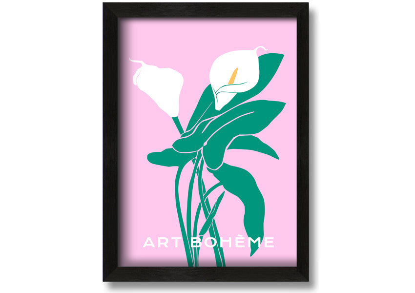 Framed print of vibrant lilies on a soft pink background, showcasing multiple frame color options.