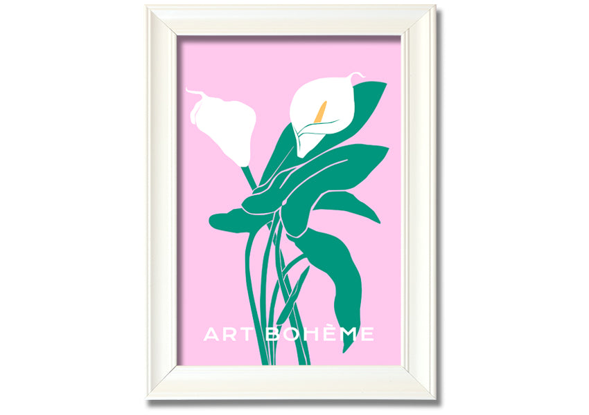 Framed print of vibrant lilies on a soft pink background, showcasing multiple frame color options.