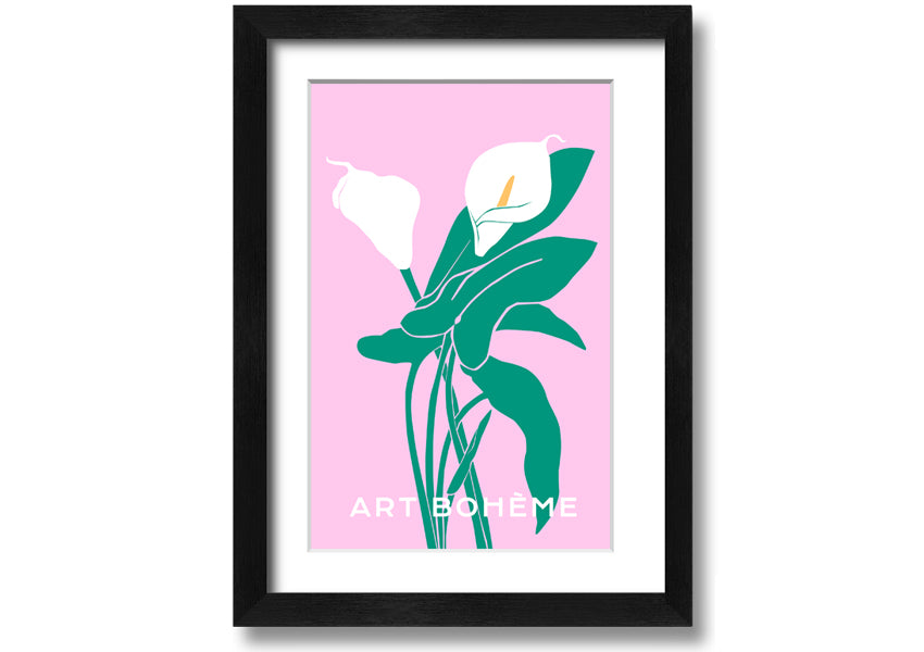 Framed print of vibrant lilies on a soft pink background, showcasing multiple frame color options.