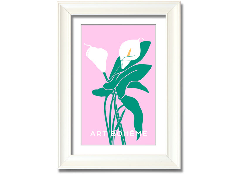 Framed print of vibrant lilies on a soft pink background, showcasing multiple frame color options.