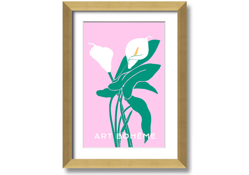 Framed print of vibrant lilies on a soft pink background, showcasing multiple frame color options.